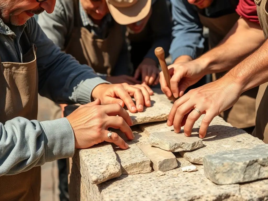 A photograph depicting volunteers working diligently on the restoration of a section of the Church of Saint-Hilaire, showcasing the hands-on effort involved in preserving the historical structure.