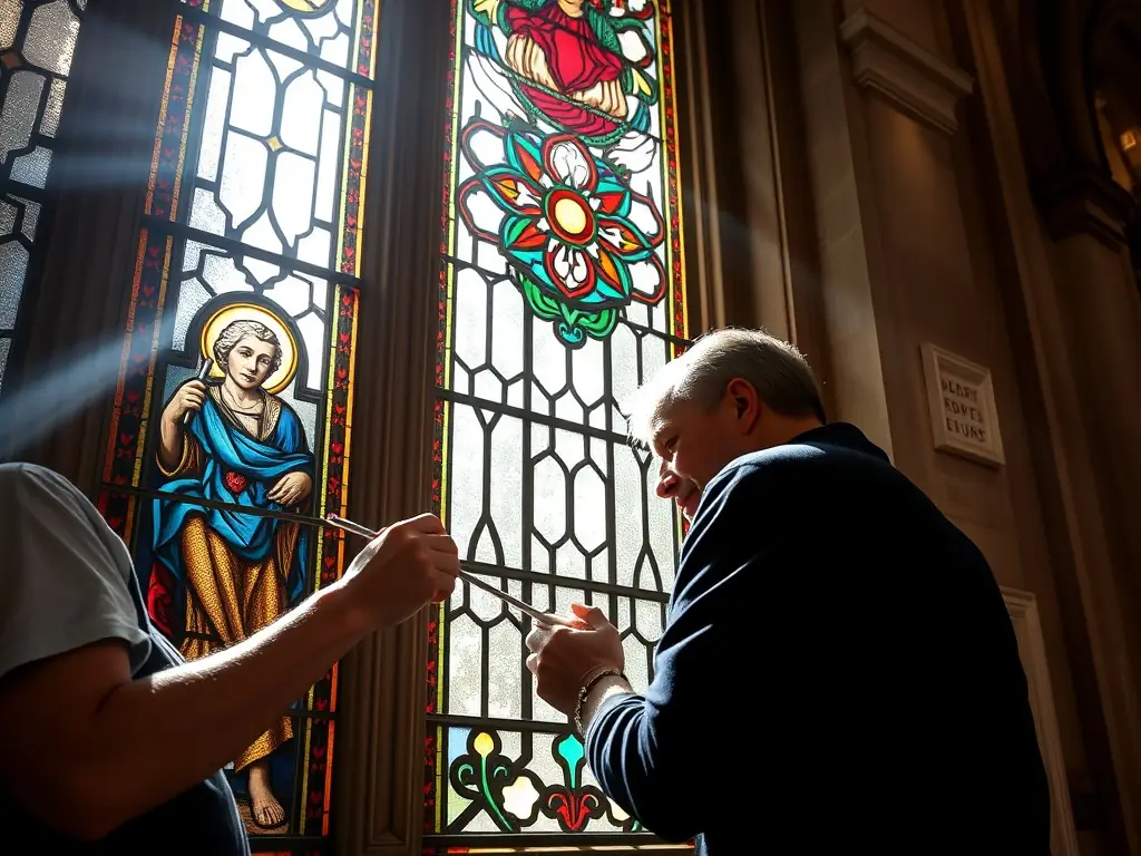 A photograph depicting volunteers cleaning and restoring a section of the Church of Saint-Hilaire's interior, showcasing their dedication and hard work.