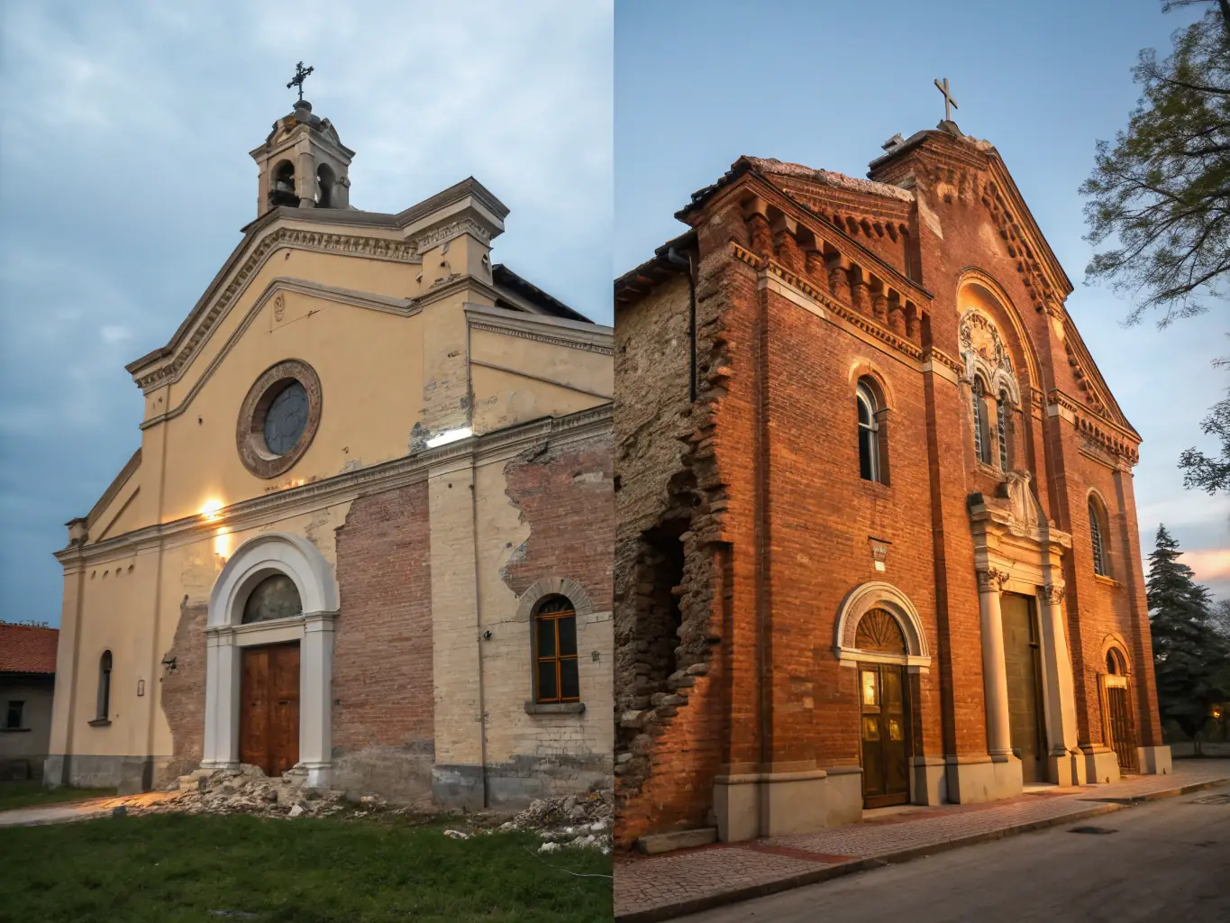A photograph showcasing a before-and-after comparison of a restored section of the Church of Saint-Hilaire, highlighting the tangible impact of preservation efforts.