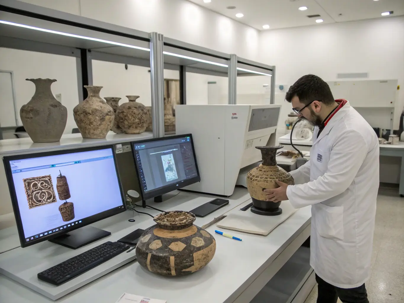 A photograph of researchers examining historical documents and architectural plans related to the Church of Saint-Hilaire.